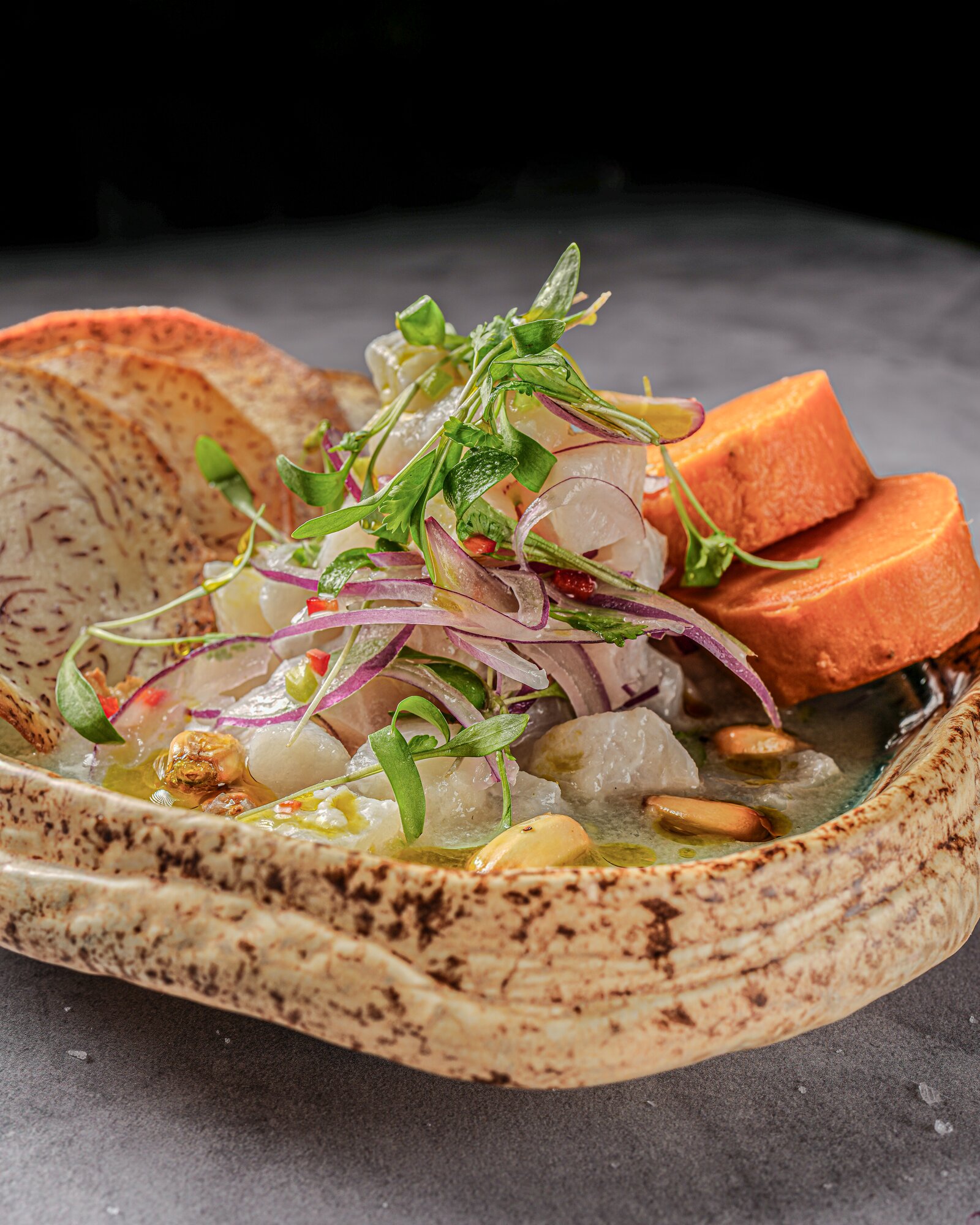 Close-up of fresh ceviche topped with microgreens and red onion