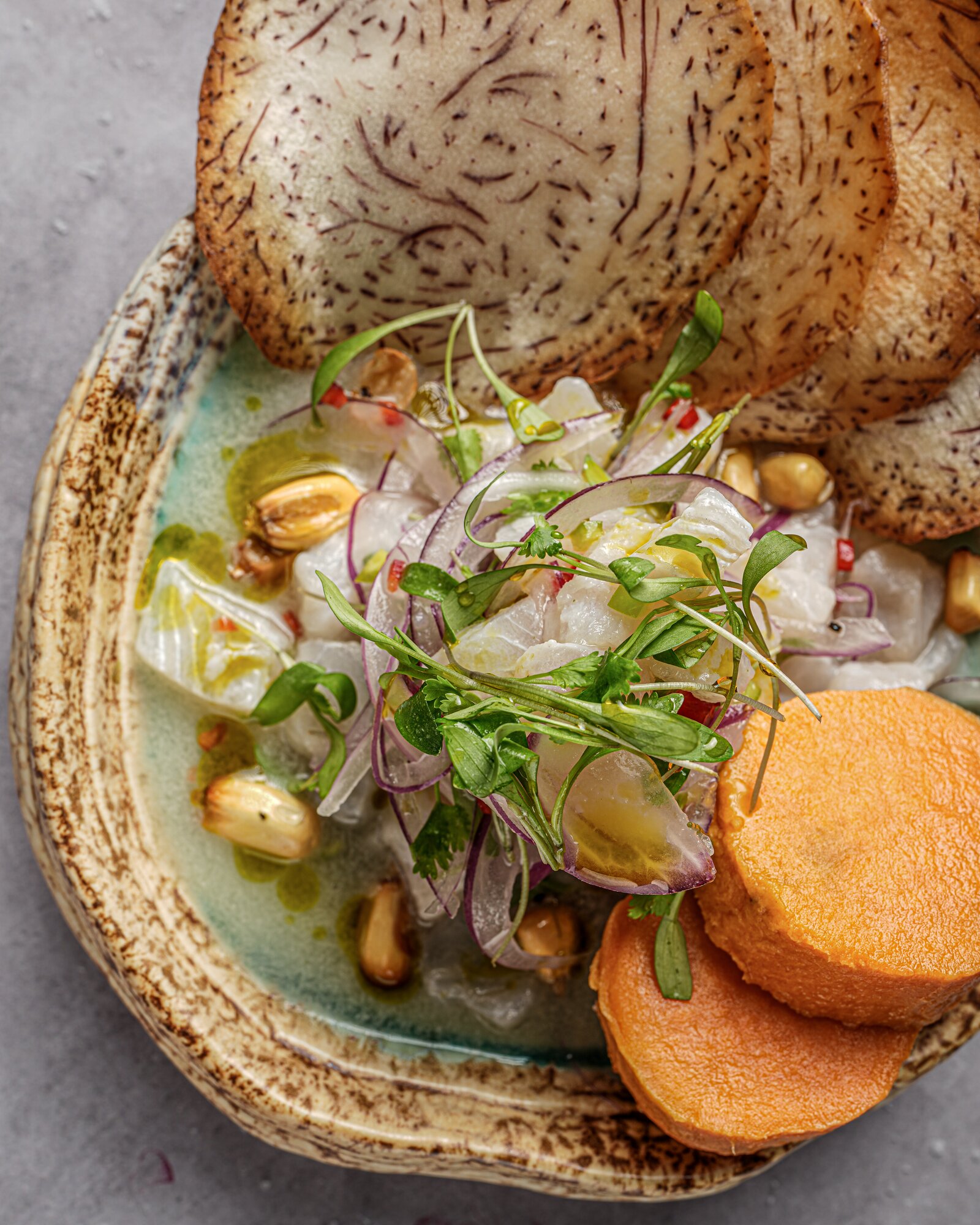 Overhead close-up of ceviche with sweet potato and toasted corn